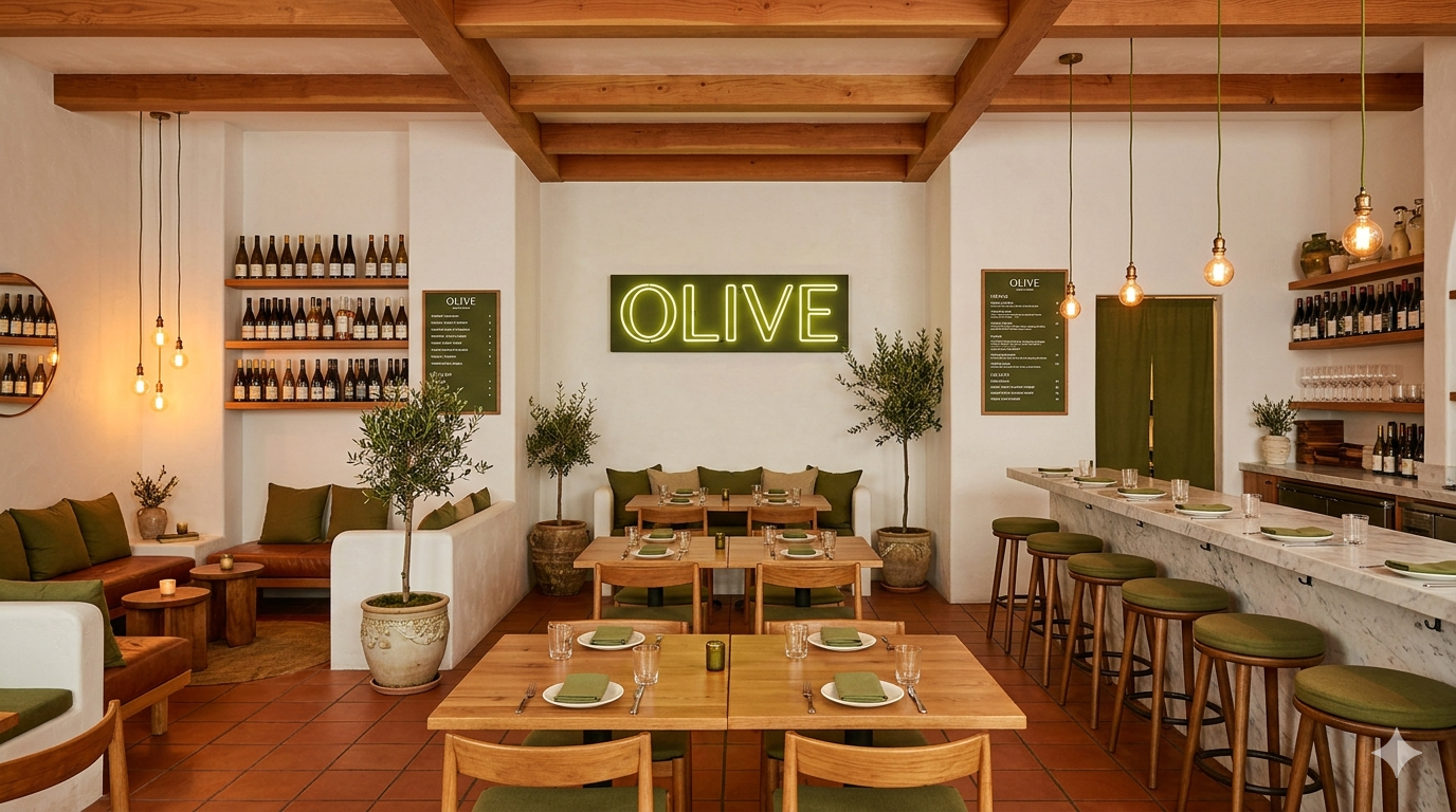Olive interior concept with marble counter, olive seating, wood beams, and glowing logo