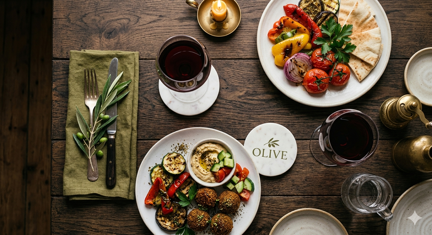 Olive tabletop spread with mezze, wine, and branded coaster