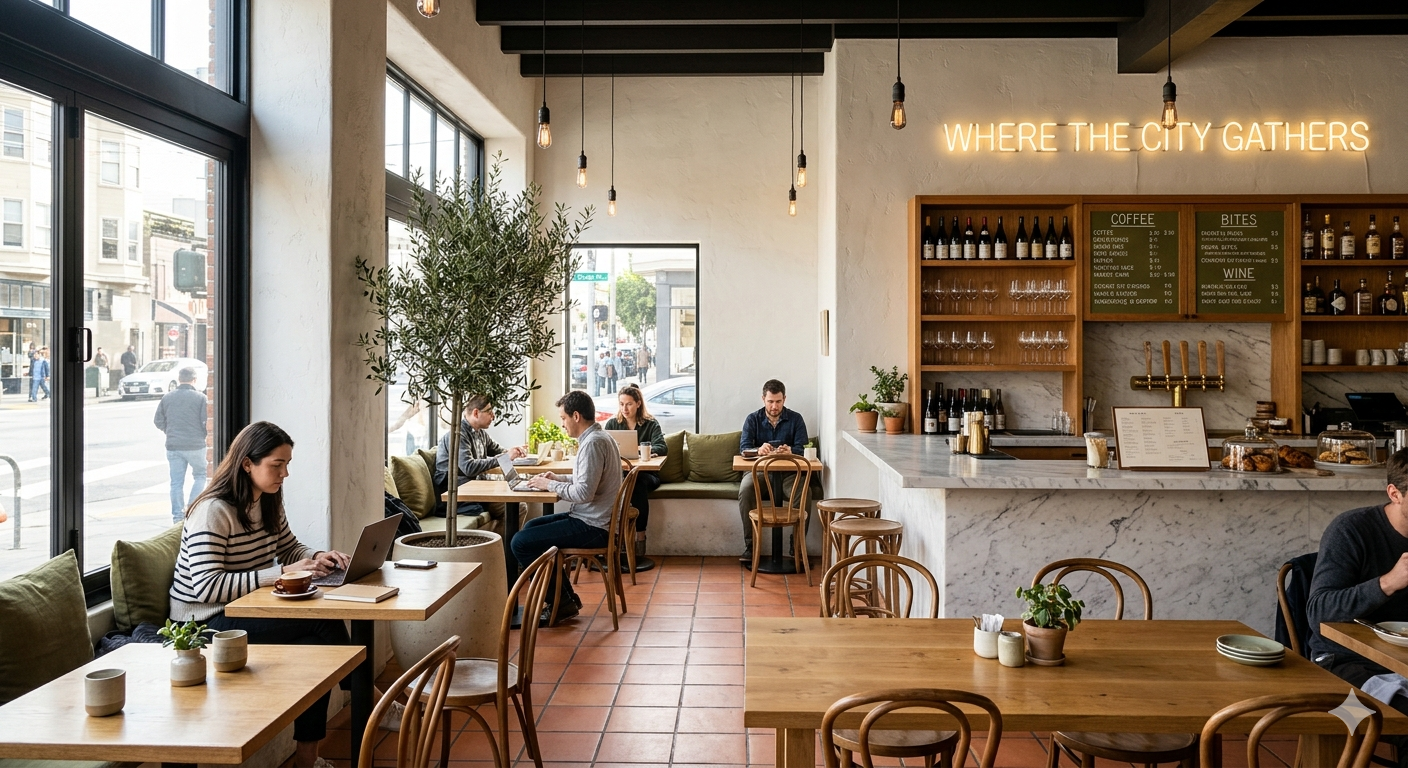 Daytime Olive café scene with guests, marble counter, and San Francisco street view
