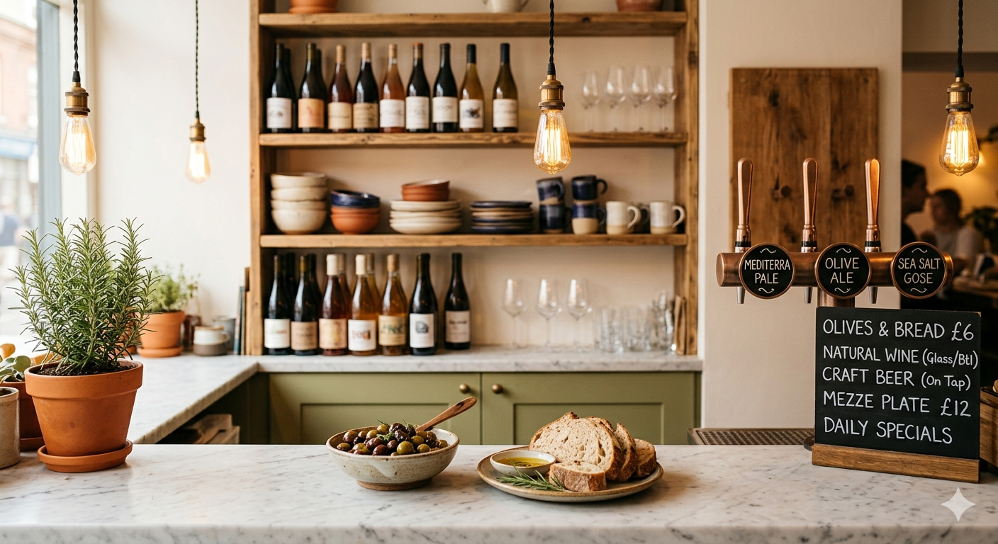 Olive service counter with beer taps, bread, olives, and wine display