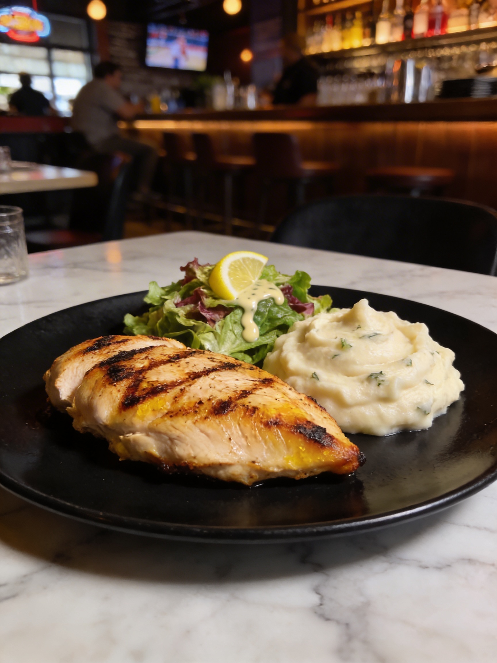 Grilled chicken with herb mashed potatoes and mixed greens