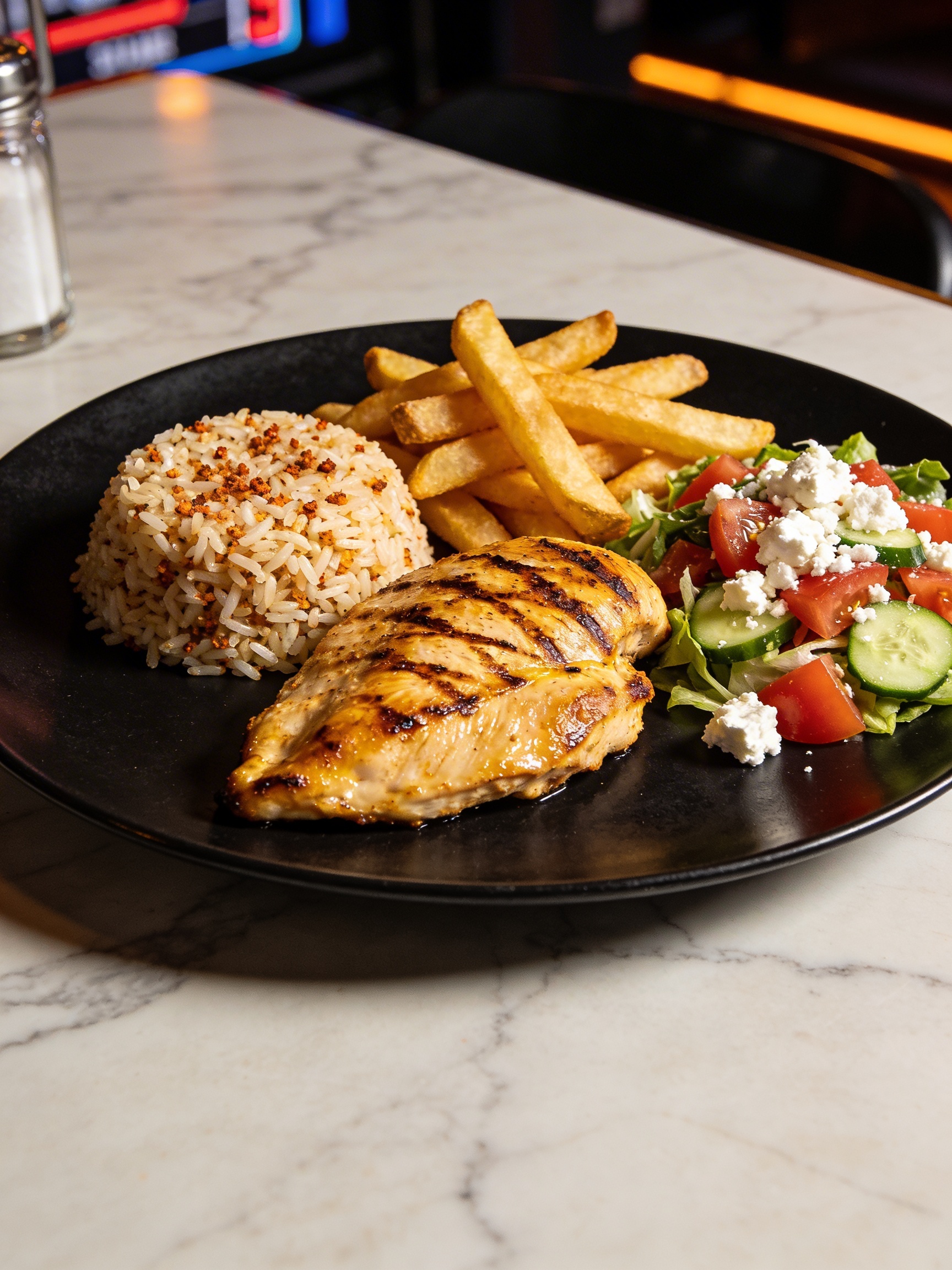 Grilled chicken breast with seasoned rice, fries, and Greek salad