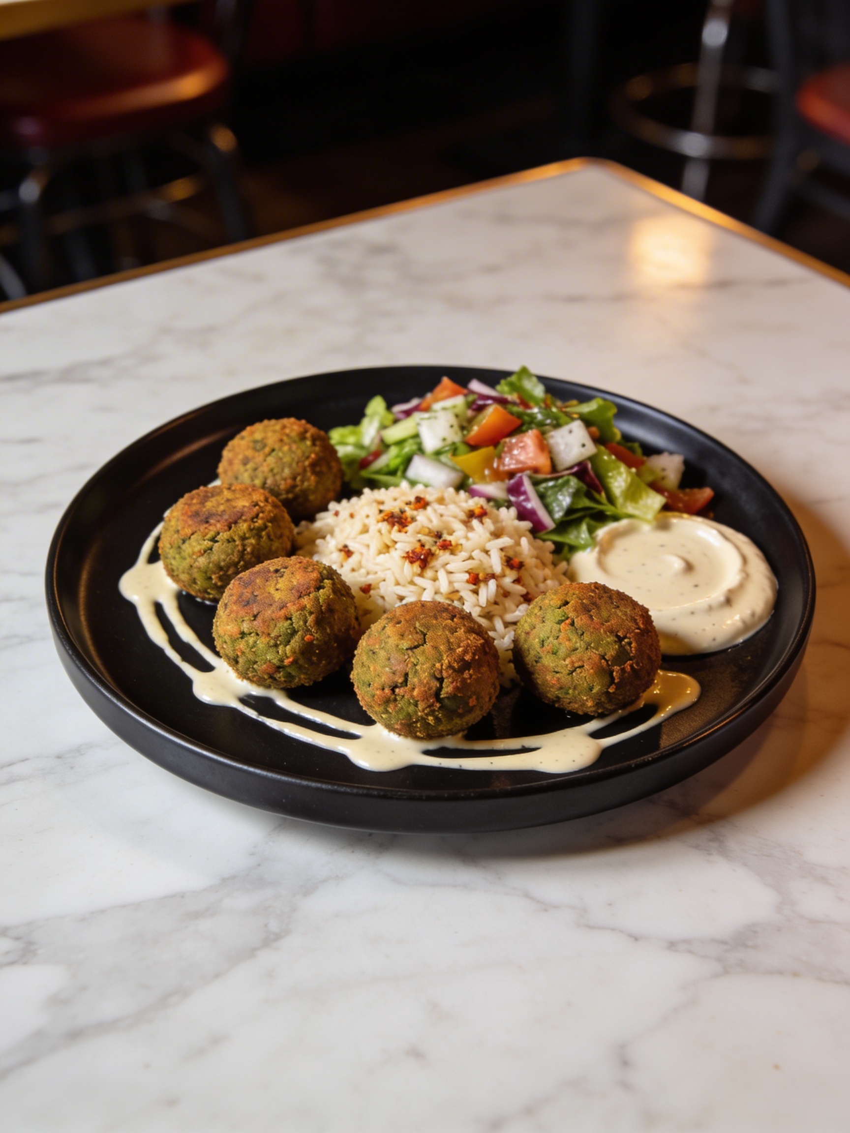 Mediterranean falafel plate with rice, salad, and tahini at Olive San Francisco