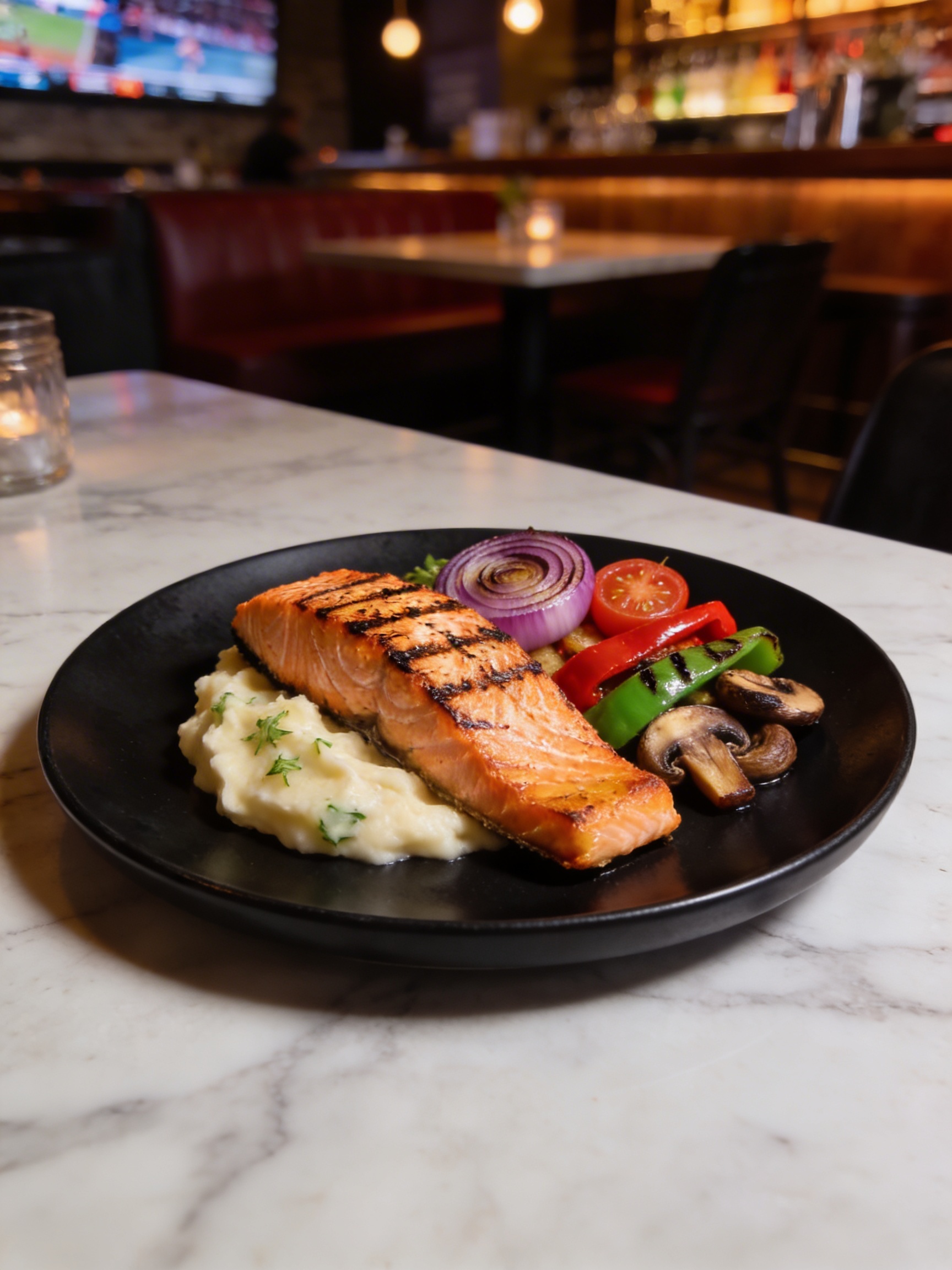 Grilled salmon with mashed potatoes and roasted vegetables