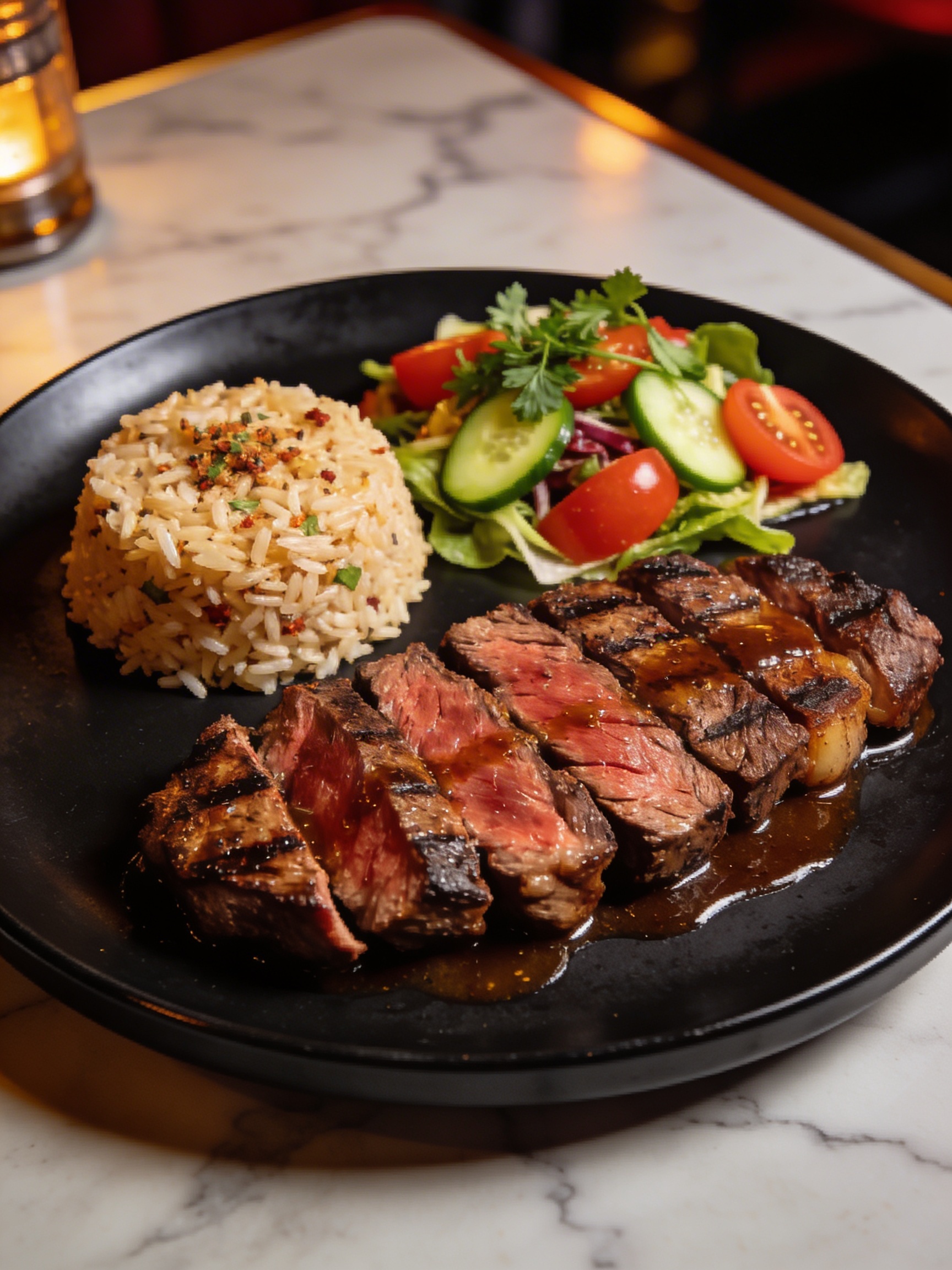 Sliced medium-rare steak with rice and fresh salad